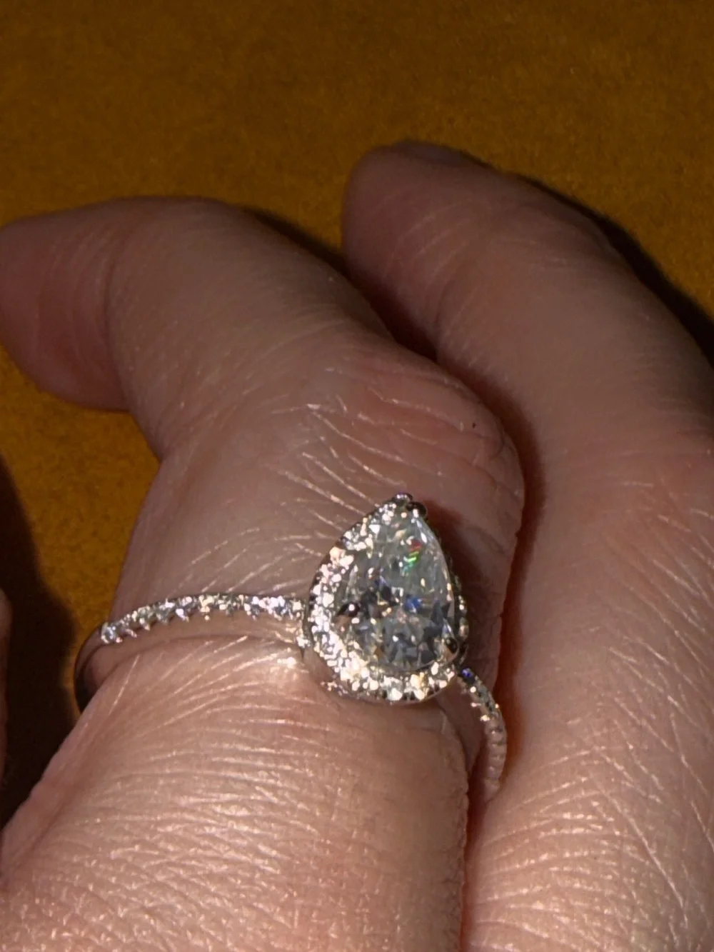 925 Sterling Gold Plated Pear-Shaped Halo Solitaire Ring with Moissanite Stone